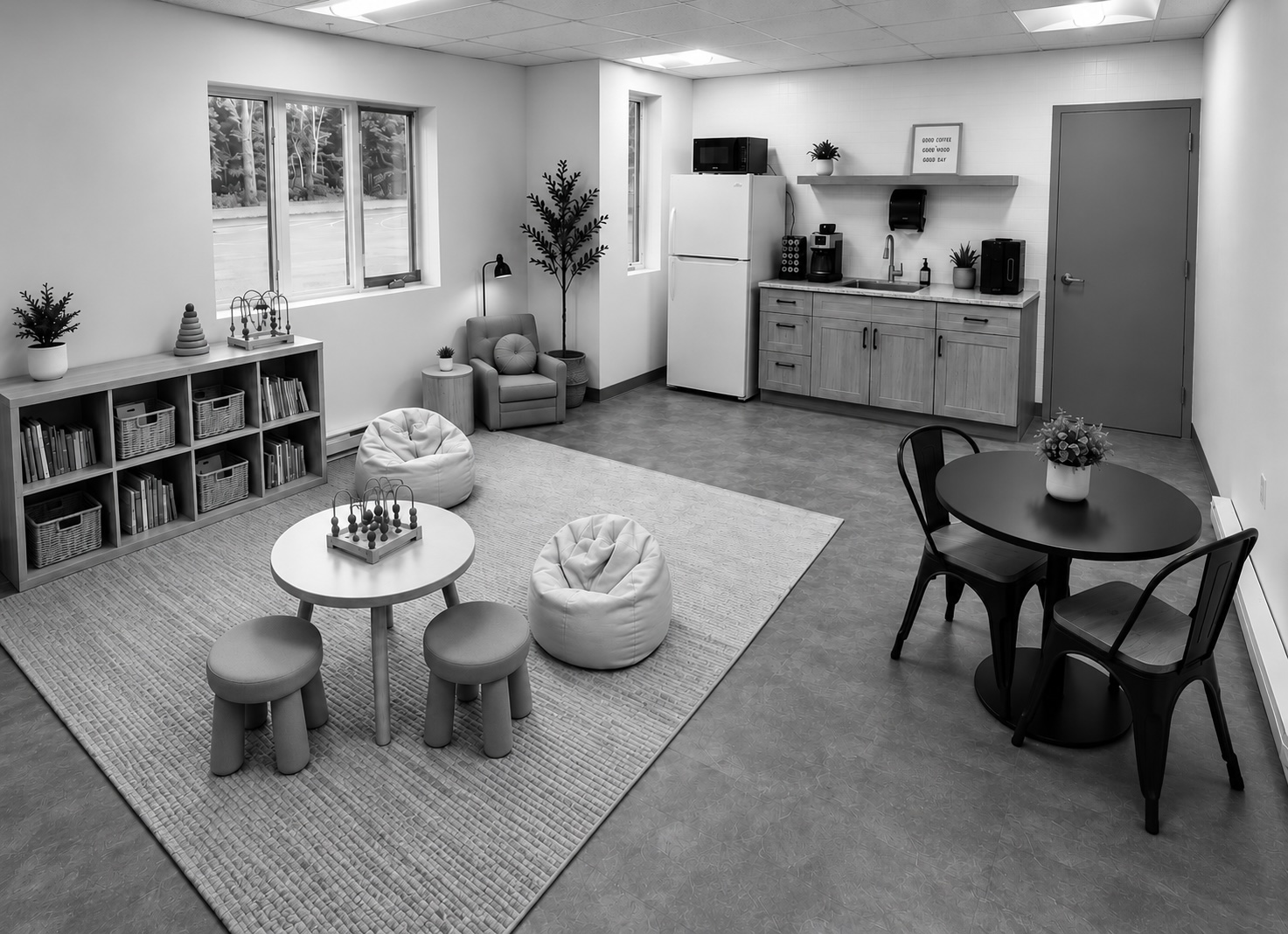 The Fitness Artist Child Watch room with seating, toys and a kitchenette