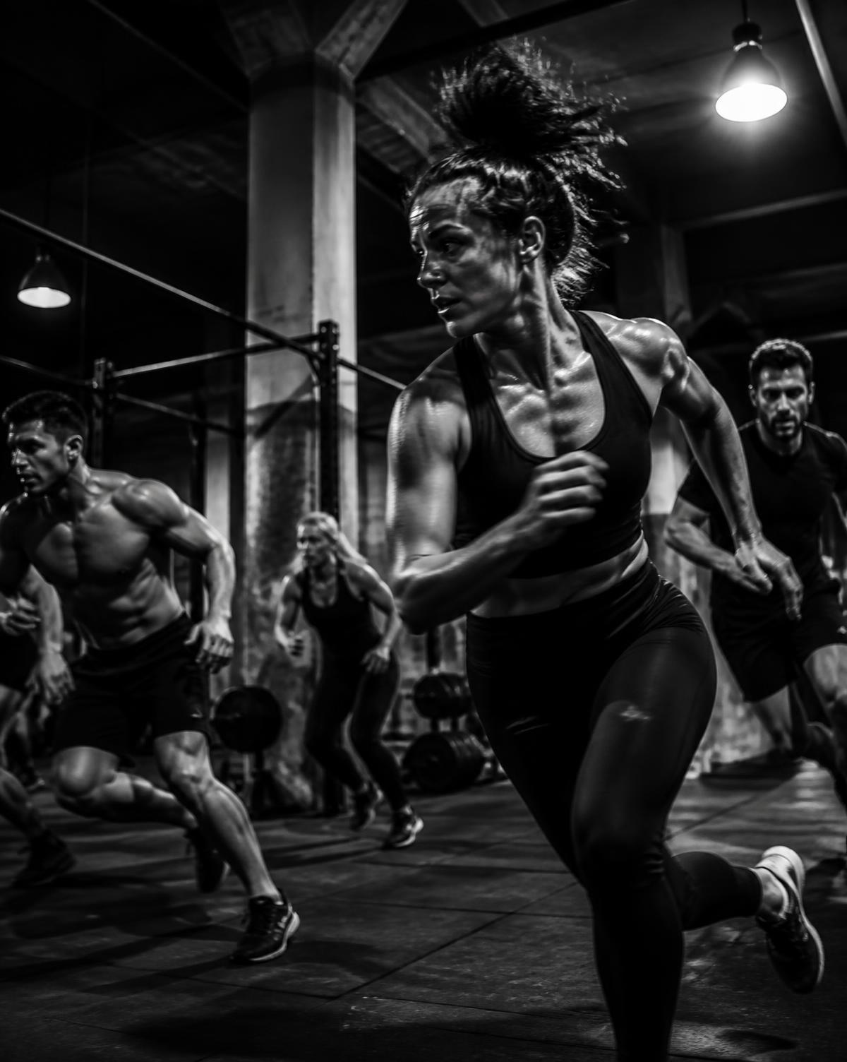 Group training class moving together under a coach's direction